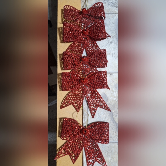 5 pack red glitter bow ornaments - Picture 1 of 3